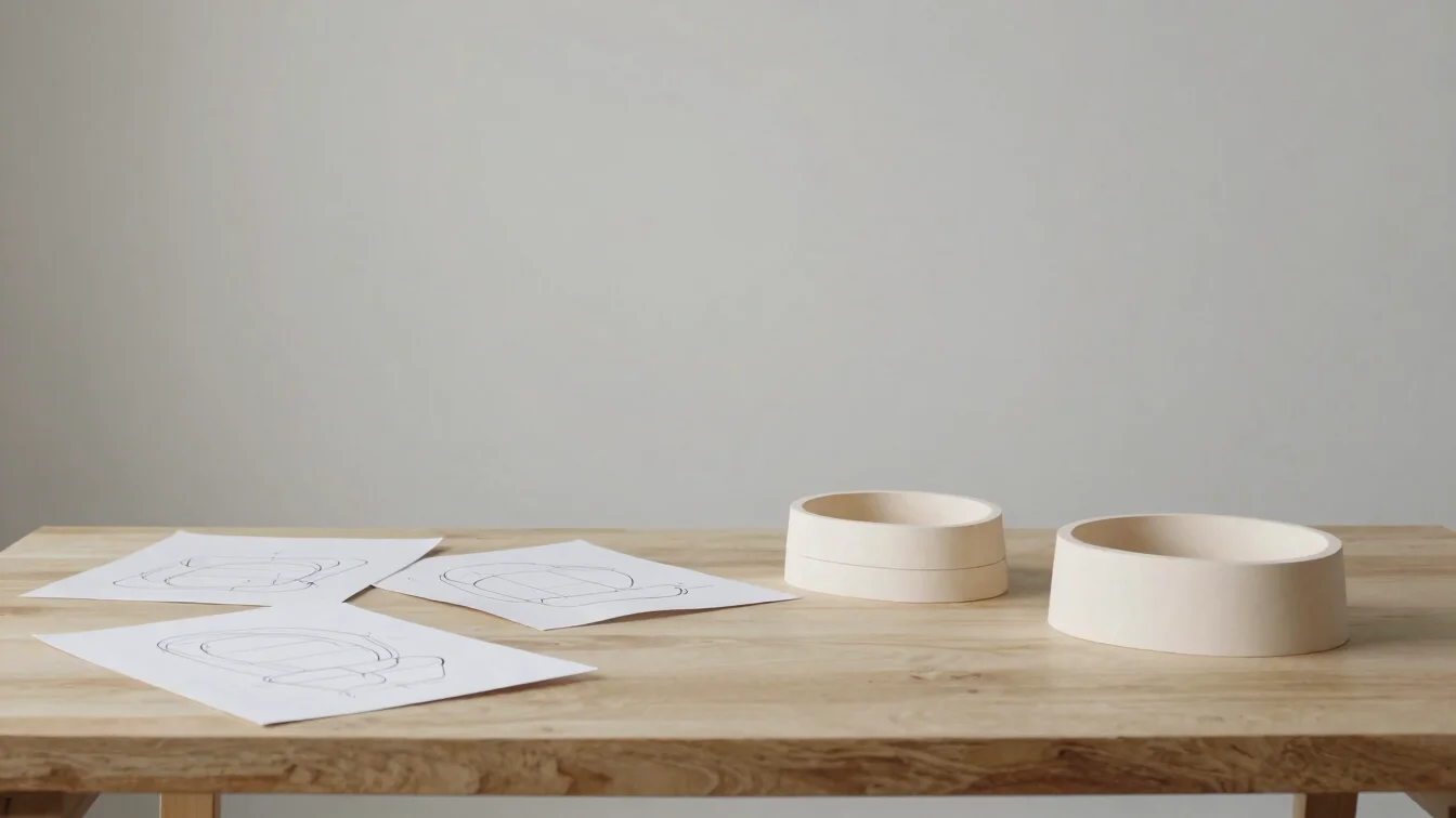 Studio detail of design sketches and a physical prototype on a light wooden table, soft daylight, muted neutral tones, e