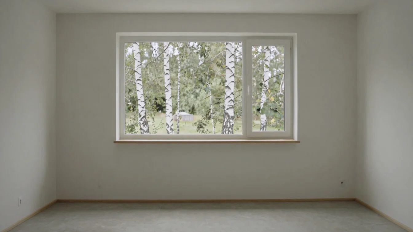 Wide minimal interior of a modern Lithuanian home with birch trees outside the window, a single object on a plain shelf,