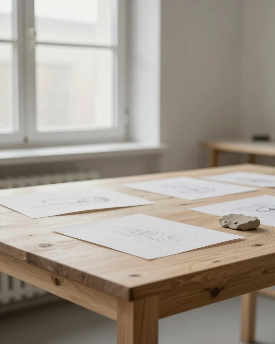 Quiet editorial studio portrait of a Lithuanian designer's workbench, soft daylight from a window, birch wood table, neu