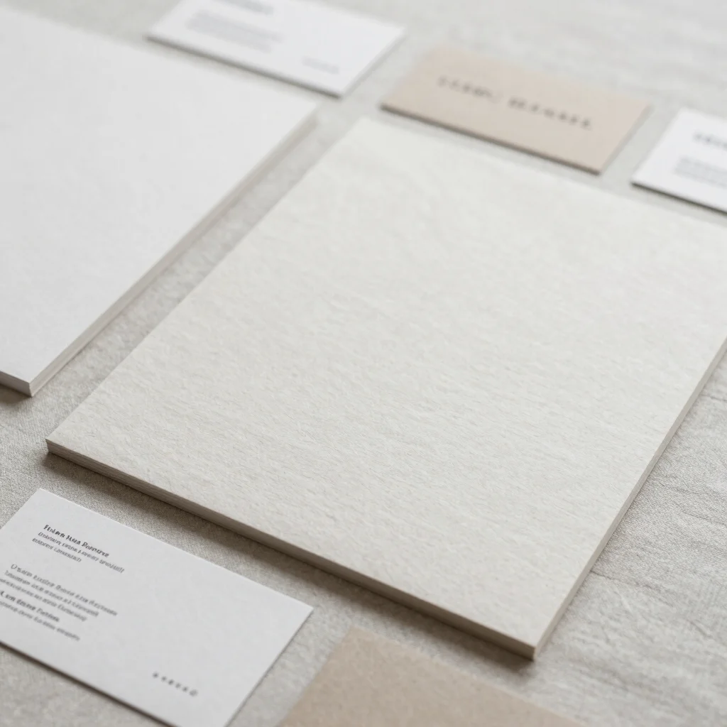 Close-up of a brand identity system laid out on natural linen, st