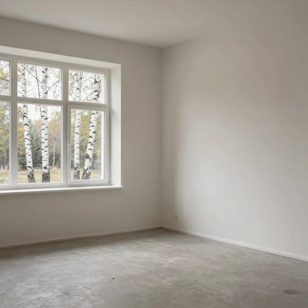 Spatial design object in a pale room with birch trees visible thr